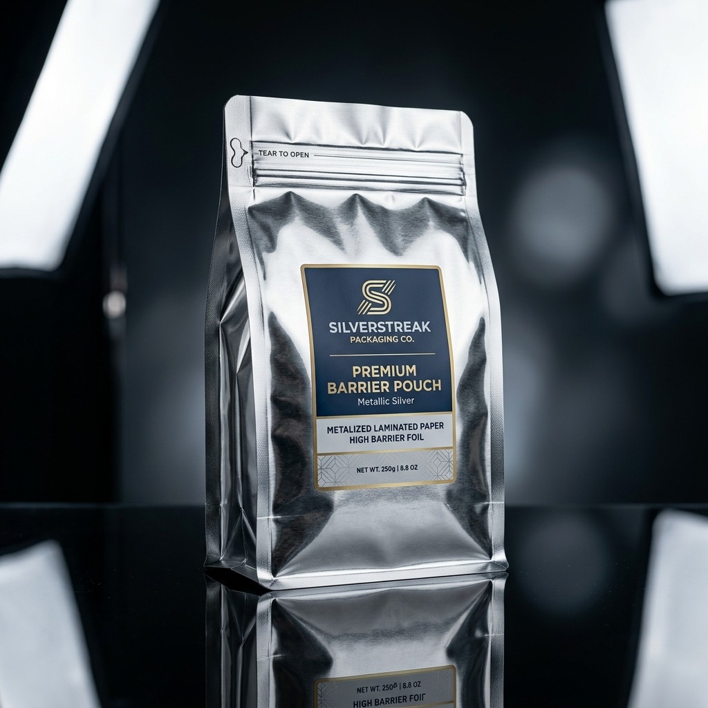 Metalized laminated paper bag with high-barrier metallic silver sheen
