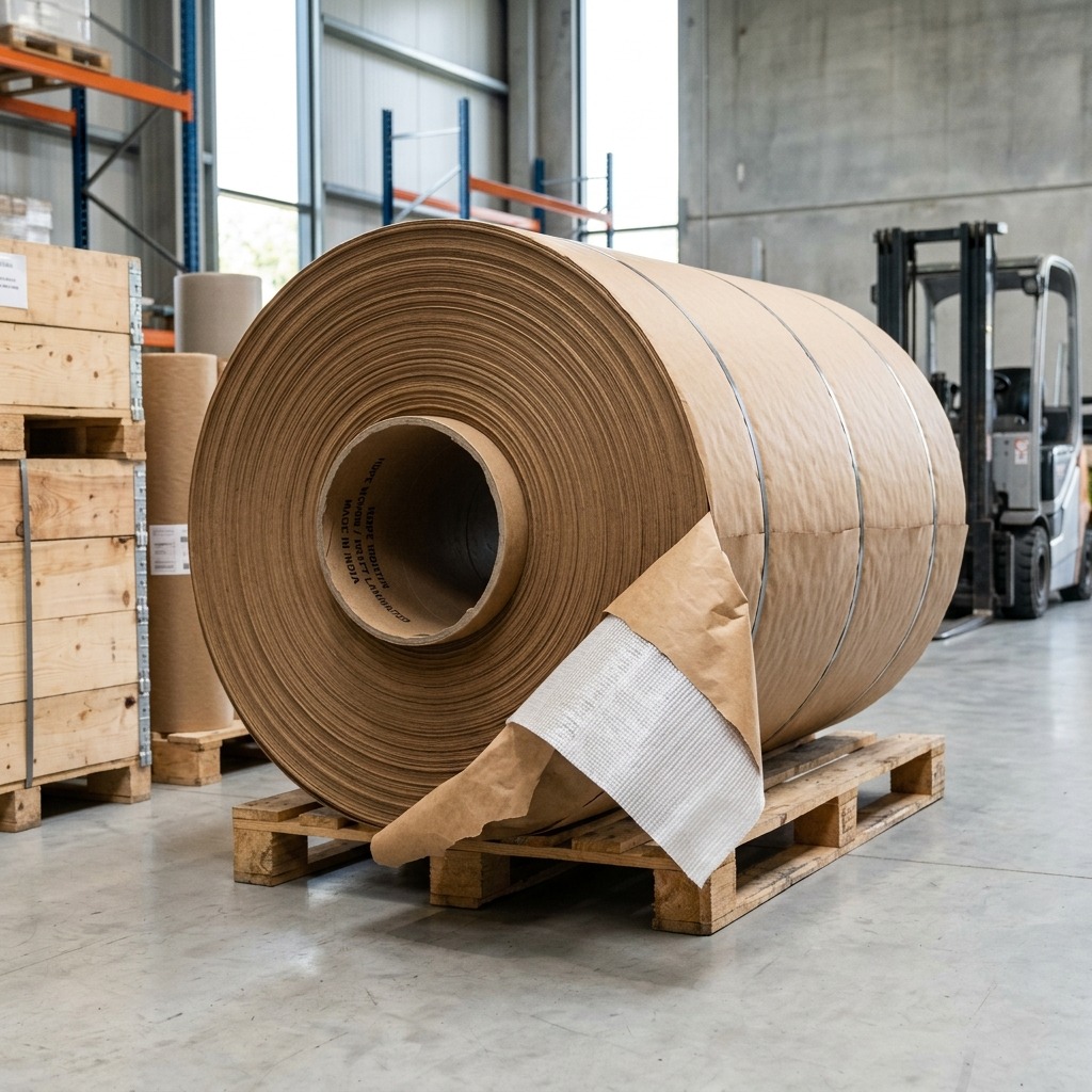 Industrial roll of paper-laminated HDPE woven fabric material